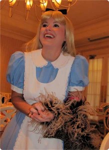 Alice in Wonderland trying Charlotte's jacket