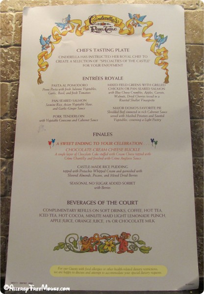 Cinderella's Royal Table menu lunch